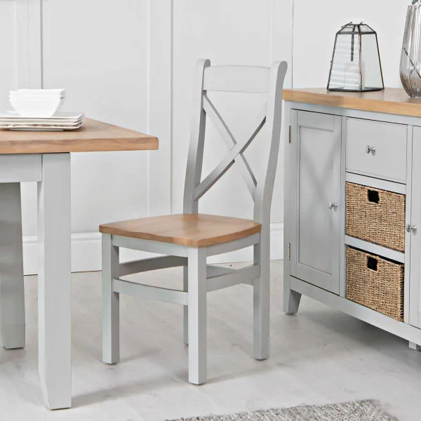 Image of K Living Lina Cross Back Dining Chair Pair Wooden Seat Grey