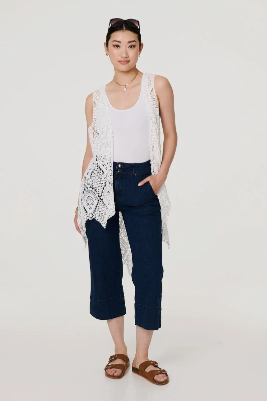 Image of Izabel London Womens Lace Open Front High Low Cardigan in White Size: S/M White Female S/M