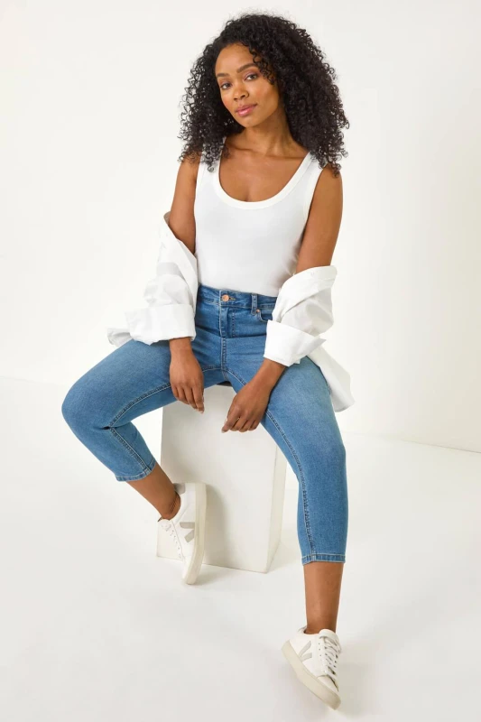Image of Roman Womens Petite Slim Crop Stretch Jeans in Mid Blue Size: 16 Mid Blue Female 16