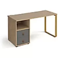 image of Rectangular Sleigh Frame Desk Kendal Oak Wood, Metal Brass Cairo 1400 x 600 x 730mm 2 Drawer Pedestal