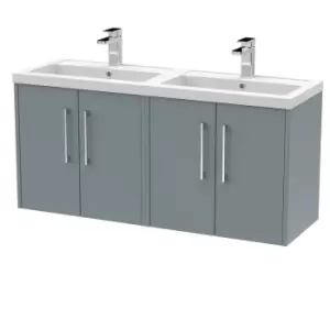 image of Hudson Reed Juno 1200mm Wall Hung 4 Door Vanity & Double Polymarble Basin - Coastal Grey