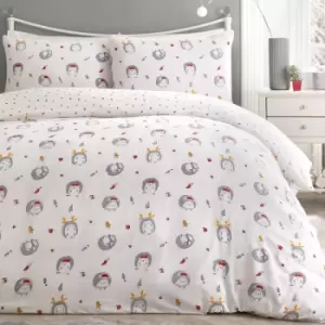 image of Christmas Holly Hedgehog Print Reversible Duvet Cover Set, Multi, Double - Fusion