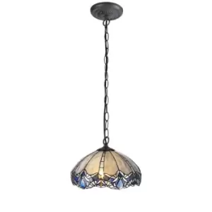 Image of 1 Light Downlight Ceiling Pendant E27 With 40cm Tiffany Shade, Blue, Clear Crystal, Aged Antique Brass - Luminosa Lighting