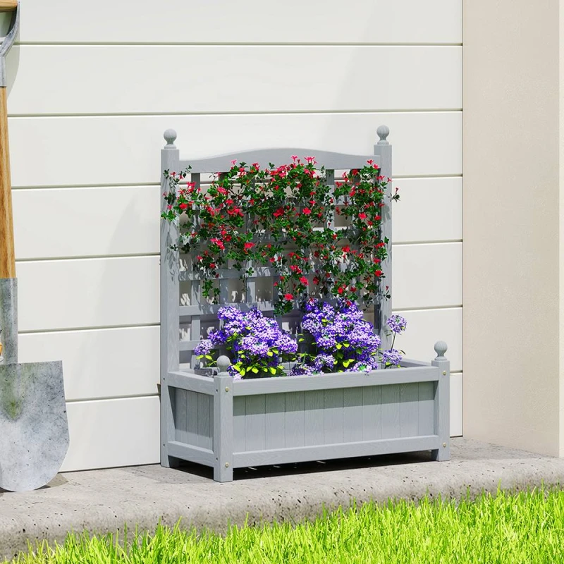 Image of OUTSUNNY Raised Garden Bed with Trellis Garden Planters Indoor Grey Grey Unisex
