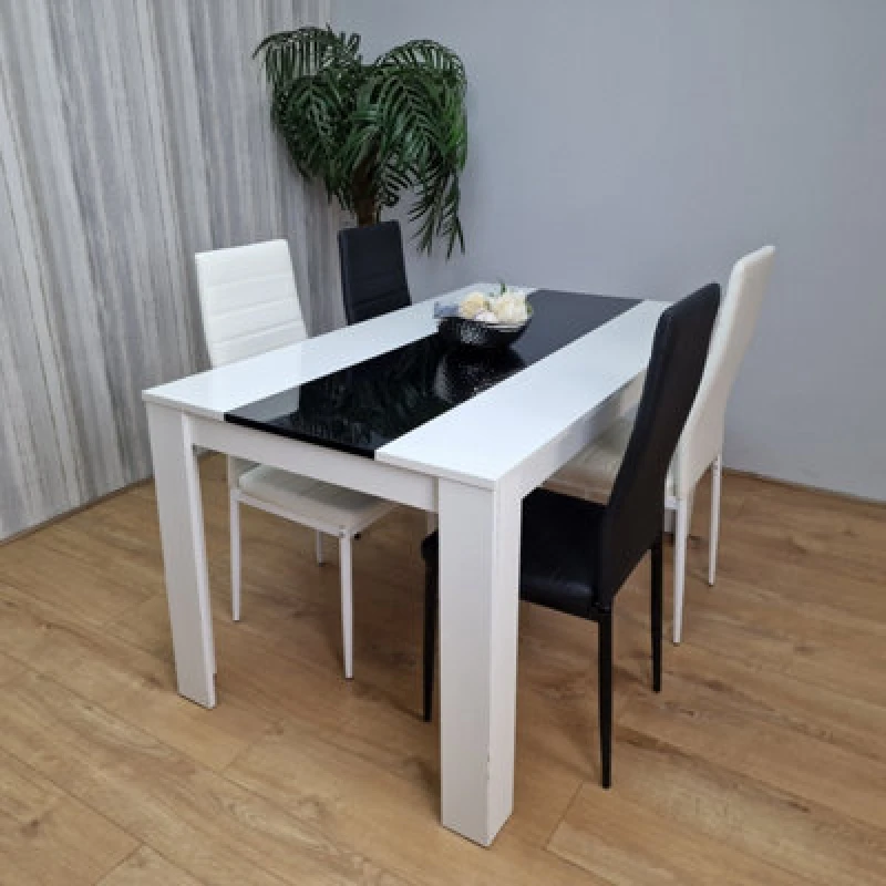 Image of White Black wood dining Table with 2 white 2 Black chairs