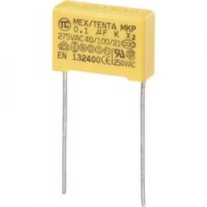 image of MKP X2 suppression capacitor Radial lead 0.1 uF 275 V AC 10 15mm L x W x H 18 x 6 x 12mm MKP X2