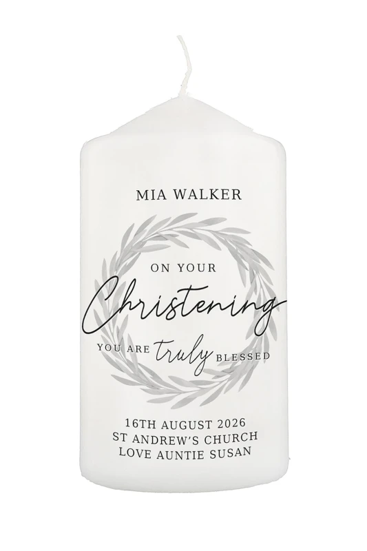 Image of Personalised Memento Company Personalised 'Truly Blessed' Christening Pillar Candle in Off-White Off-White Unisex