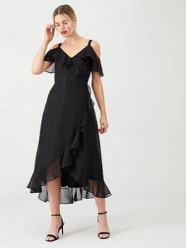 Image of Wallis Sparkle Ruffle Midi Dress - Black, Size 8, Women