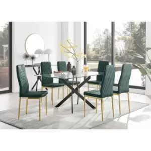 Image of Furniturebox UK - Furniturebox Leonardo 6 Black Leg Glass Dining Table and 6 Green Milan Velvet Dining Chairs With Gold Legs Diamond Stitch Modern