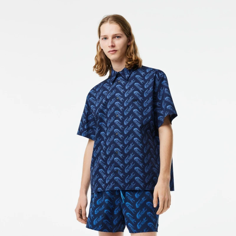 Image of Lacoste Mens Vintage Short-Sleeve Patterned Shirt Blue/Ethereal male XS