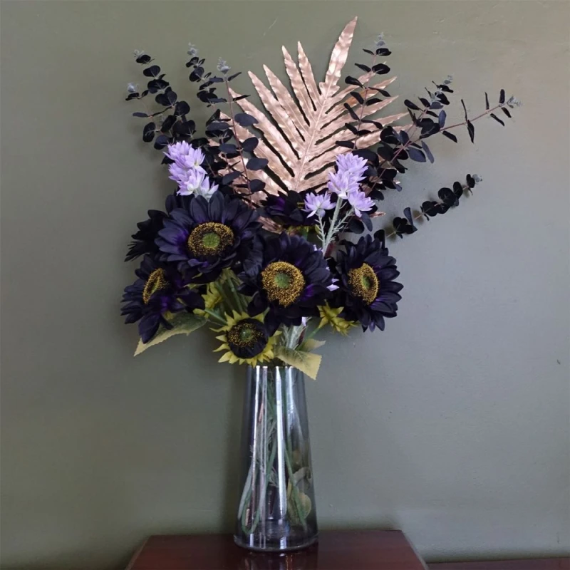 Image of Leaf 80cm Artificial Purple Sunflower & Gold Display Glass Vase Gold Unisex