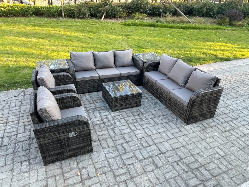 Image of Fimous High Back Rattan Garden Furniture Set with Square Coffee Table 2 Side Tables Indoor Outdoor Patio Lounge Sofa Set Dark Grey Mixed Dark Grey