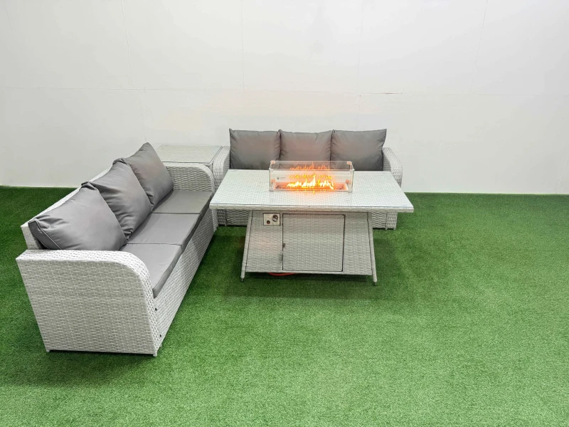Image of Fimous Outdoor Garden Furniture Sets 6 Seater Wicker Rattan Furniture Sofa Sets with Firepit Dining Table high Back Lounge Sofa Side Table Light Grey