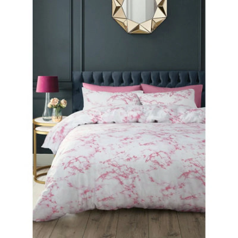 Image of Velosso Elegant Marble Print Duvet Cover & Pillowcase Set, Modern Bedding In Soft Cotton Blend, Machine Washable Luxury Bedding Set - Pink