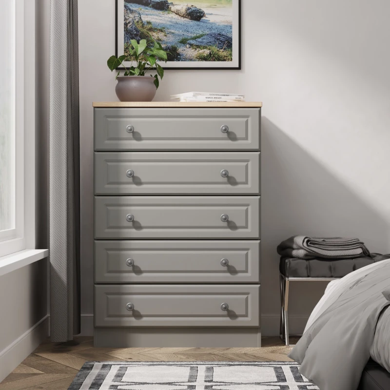 Image of Ready Assembled 2 U Surrey 5 Drawer Chest (Ready Assembled) in Grey Size: Large Grey Unisex Large