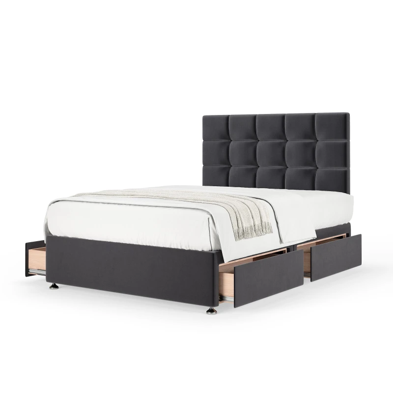 Image of Bedmaster Bedmaster Plush Velvet 4 Drawer Divan Base And Square Headboard in Grey Size: Super King Grey Super King Unisex 7867870651878