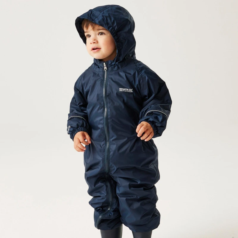 Image of Regatta Splosh Hooded Waterproof Breathable All-in-One in Navy Size: 4-5 Years Navy Unisex 4-5 Years