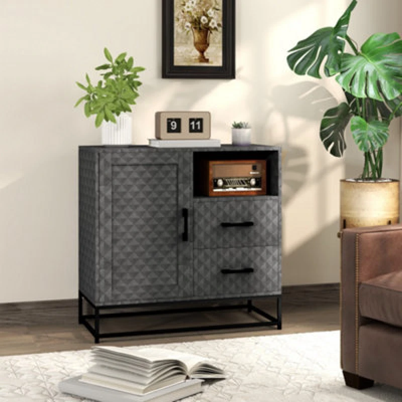 Image of HOMCOM Cupboard with Adjustable Shelf, Open Compartment, 2 Drawers Grey
