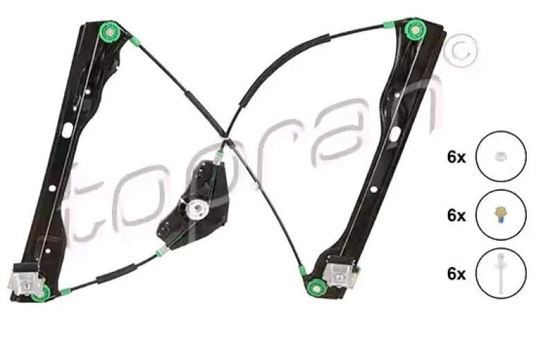Image of TOPRAN 116 296 Window regulator Left Front, Operating Mode: Electric, without electric motor, Can only be fitted with original mounting Window Winder