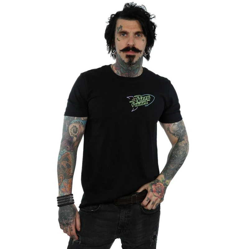 Image of Disney Men Toy Story Neon Pizza Planet Breast Print T-Shirt in Black Size: large Black L Male 5059308737557