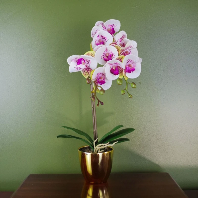Image of Leaf Orchid Artificial Pink with Gold Pot 48cm Harlequin Botanik Pink