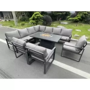 Image of Fimous 10 Seater Outdoor Dark Grey Aluminum Corner Sofa Complete Dining Set with Gas Fire Pit