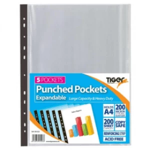 image of Tiger A4 Expandable 200 Micron Punched Pockets - Clear (5 Pack)