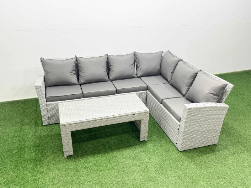Image of Fimous 6 Seater Garden Outdoor Rattan Furniture Set Coffee Table Set in Light Grey Light Grey Unisex