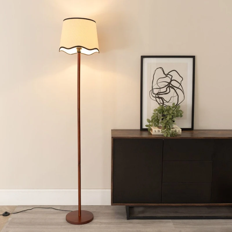 Image of ValueLights Heather Dark Wood Single Stem Floor Lamp with Scallop Edge Tapered Lamp Shade Black