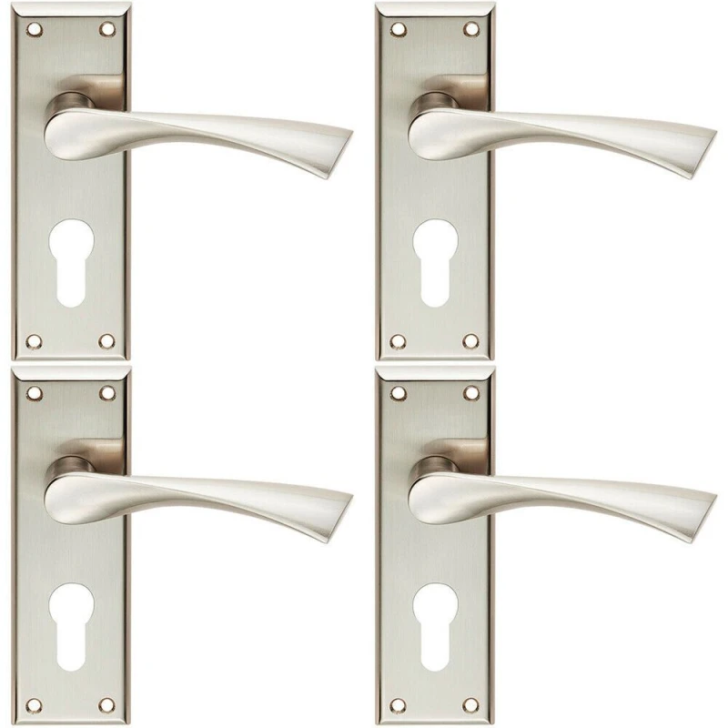 Image of Loops 4x PAIR Angular Lever on Euro Lock Backplate Handle 150 x 50mm Satin Nickel Metallics