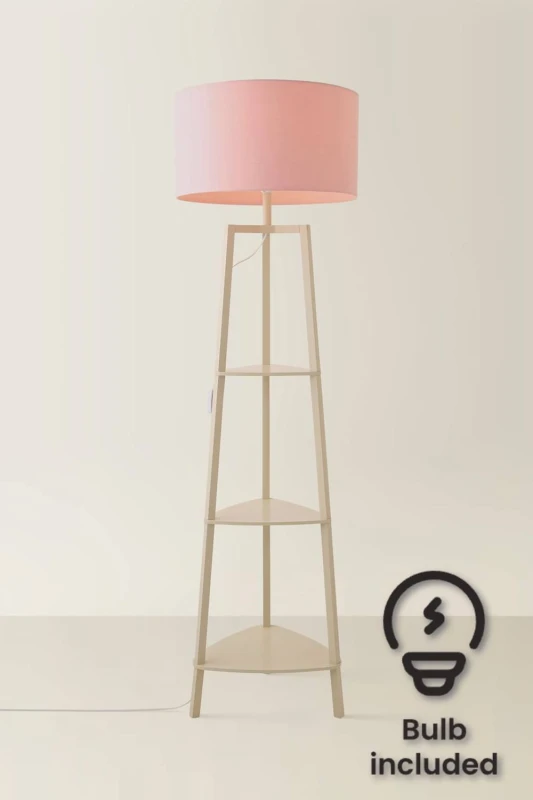 Image of ValueLights ValueLights Hiru Cream 3 Tier Wooden Shelf Floor Lamp with Drum Shade and Bulb in Pale Pink Pale Pink One Size Unisex 5059406070679