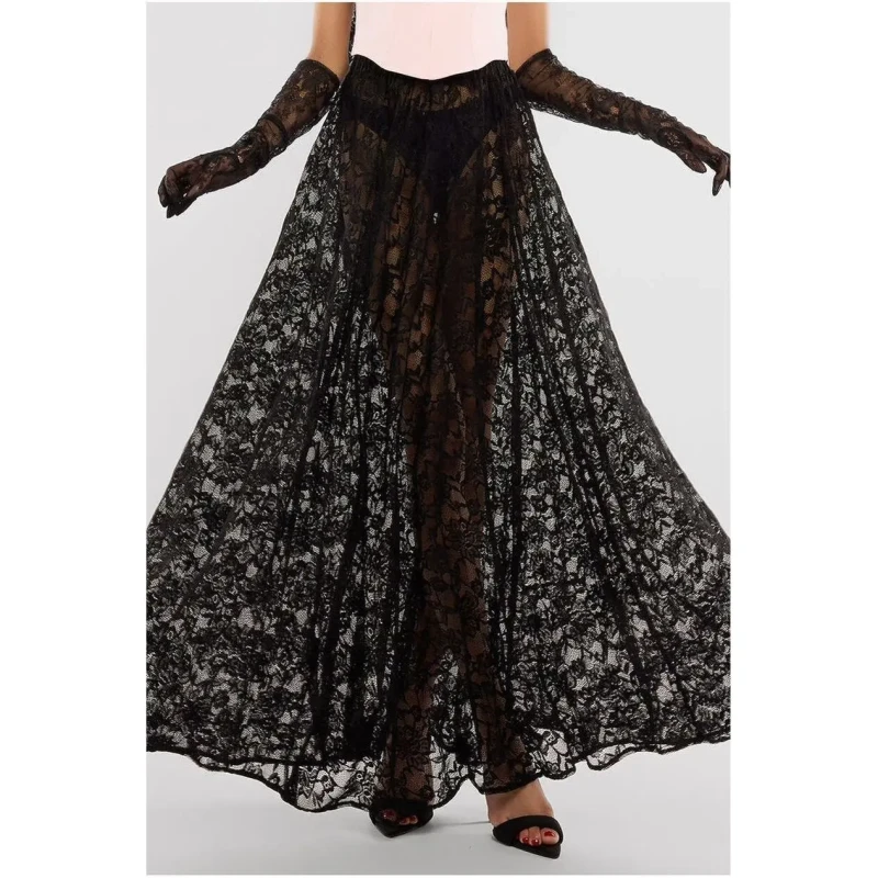 Image of Goddiva Pleated skirt For Her Goddiva Floral Lace A-Line Maxi Noir Female S
