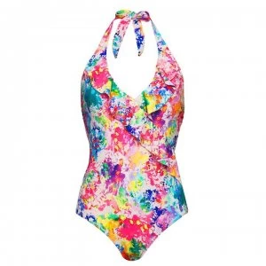 image of Figleaves Non Wired Frill Halter Swimsuit - WHITE/MULTI