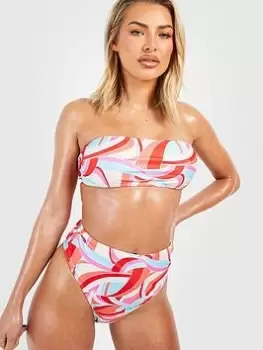 image of Boohoo Abstract Print Bandeau High Waist Bikini Set - Multi, Size 12, Women