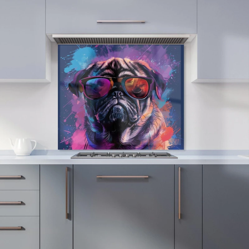 Image of Warren Reed - Designer Vibrant Pug in Sunglasses Kitchen Splashback Size: 600mm x 750mm Multicolor Unisex 600mm x 750mm