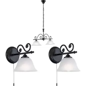 image of Twin Ceiling Pendant Light & 2x Matching Wall Lights Black & Alabaster Glass