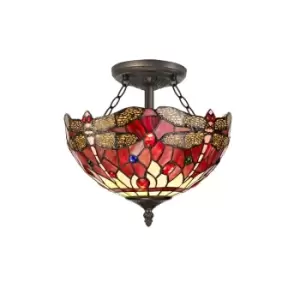 Image of 2 Light Semi Flush Ceiling E27 With 30cm Tiffany Shade, Purple, Pink, Crystal, Aged Antique Brass