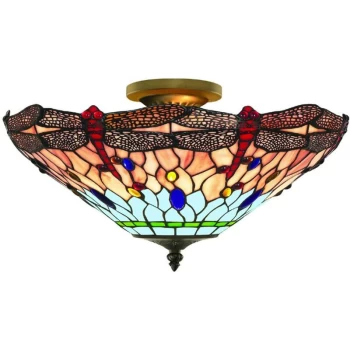 image of Searchlight Lighting - Searchlight Dragonfly - 3 Light Semi Flush Ceiling Light Antique Brass, Tiffany Glass, Red, Blue, E14