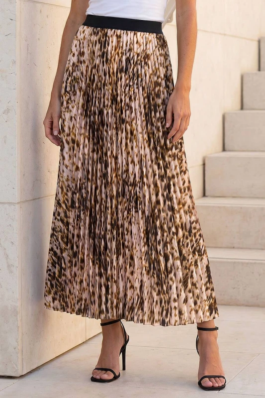 Image of Roman Womens Animal Print Pleated Midi Skirt in Camel Size: 12 Camel Female 12
