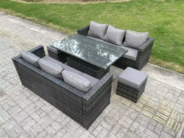 Image of Fimous 6 Seater Outdoor Dark Grey Rattan Lounge Complete Sofa Set with Adjustable Dining Table and Stool