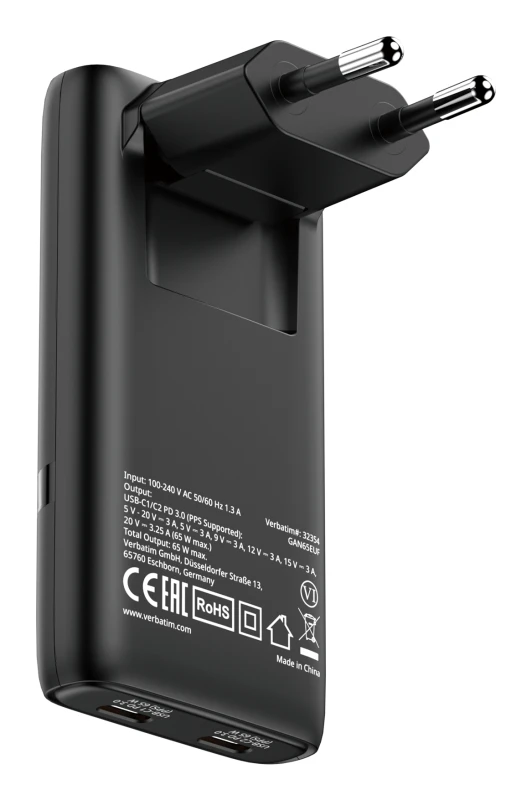 Image of Verbatim Fold 'n' Go GaN Charger 65W EU plug Black