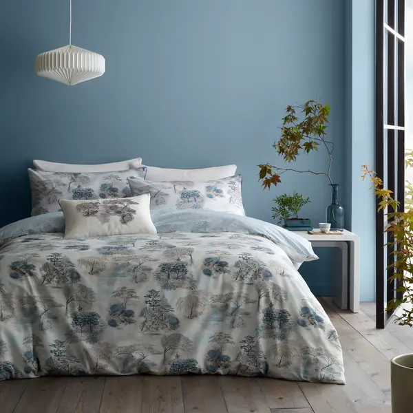 Image of RHS Japanese Garden 200 Thread Count Sea Spray Blue Cotton Reversible Duvet Cover and Pillowcase Set Sea Spray