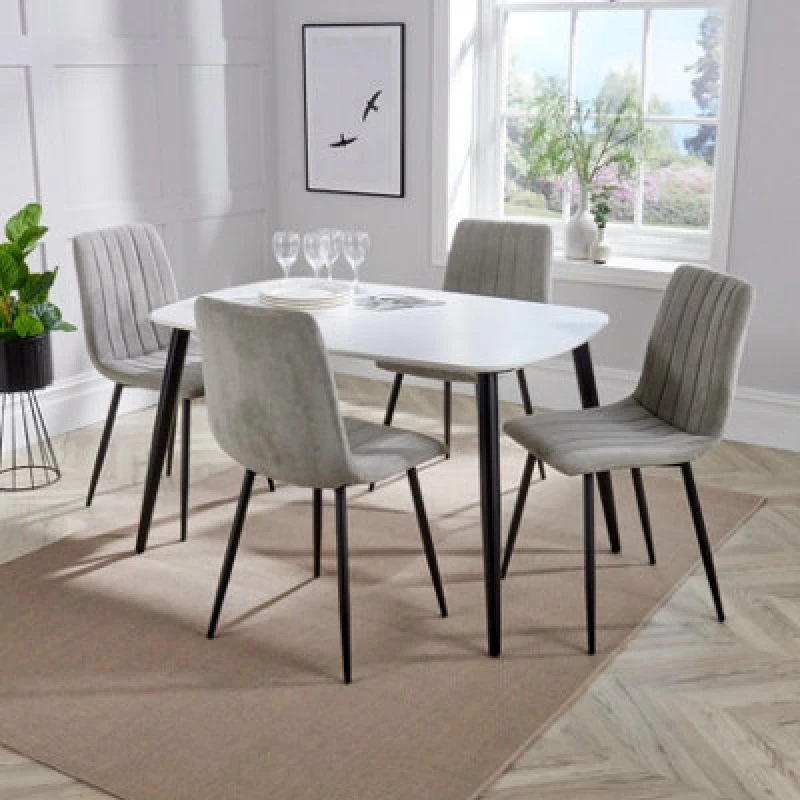 Image of Core Products Aspen White 120Cm Rectangular Dining Table With 4 Light Grey Cord Fabric Straight Stitch Design Chairs