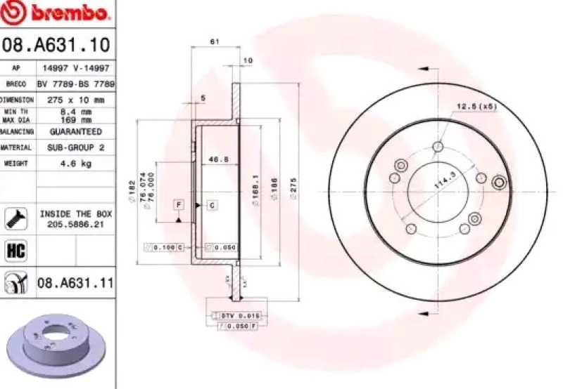 Image of BREMBO 08.A631.11 Brake disc solid, Coated, High-carbon, with bolts/screws Brake Disc (82)
