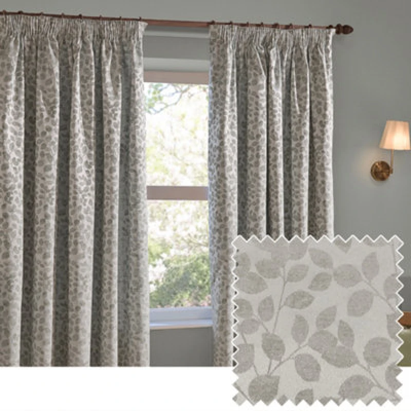 Image of Wylder Grace Leaf Jacquard Room Darkening Pencil Pleat Curtains Mist Grey 117Cm Width 137Cm Drop, Grey 5025532389671