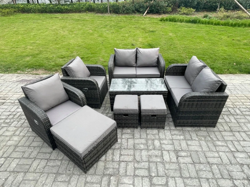 Image of Fimous 9 Seater Rattan Garden Furniture Set Outdoor Patio Sofa, Table and Chairs Garden Table Footstools Ideal for Pool Side, Balcony,Patio Set Dark G