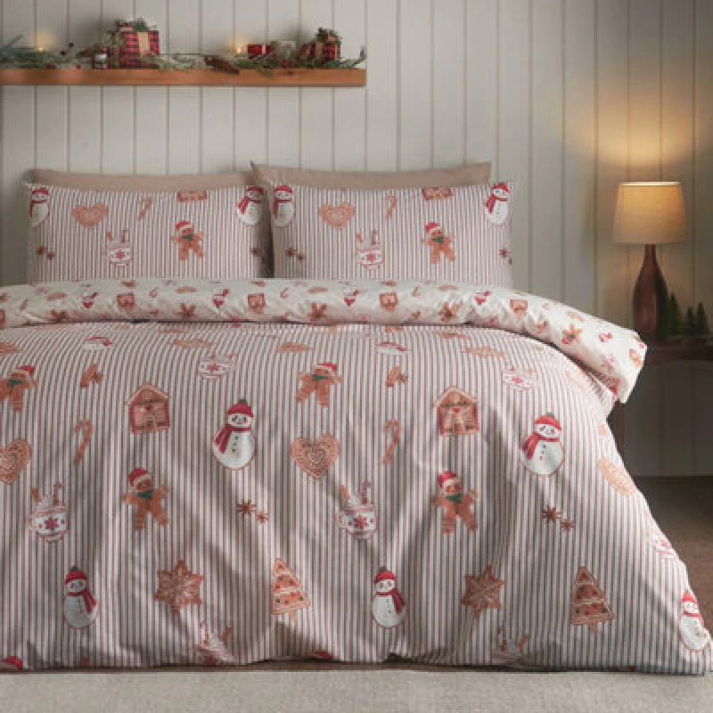 Image of Catherine Lansfield Christmas Gingerbread Stripe Reversible Junior Duvet Cover Set With Pillowcase Natural