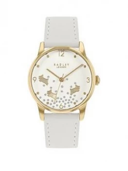 Image of Radley White And Gold Detail Crystal Set Dial White Leather Strap Ladies Watch