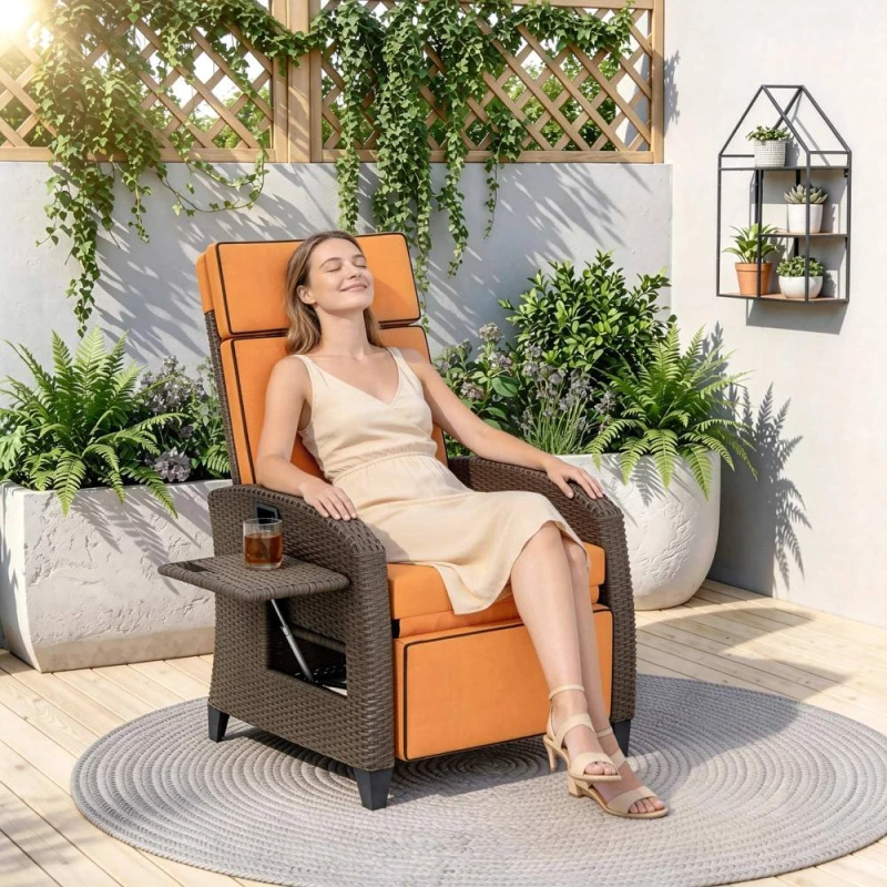 Image of OUTSUNNY Garden Recliner with Cushion, Rattan Recliner Chair with Armrests in Orange Orange Unisex