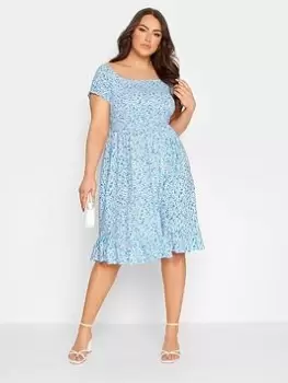 Image of Yours Shirred Bardot Midi Dress Blue Ditsy, Blue, Size 16, Women